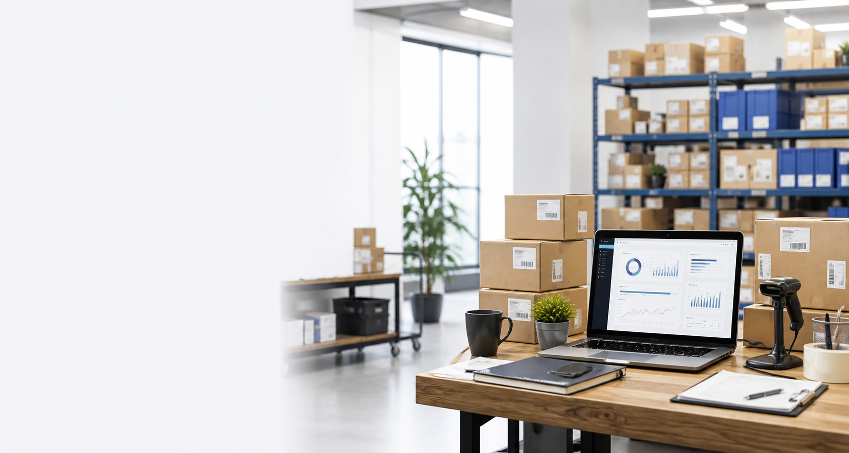 Organized ecommerce warehouse operation with inventory shelves and shipping boxes